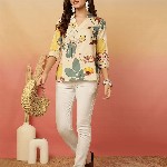 Anouk Rustic Floral Print Mandarin Collar Cotton Top