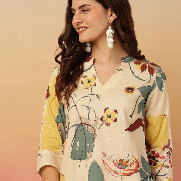 Anouk Rustic Floral Print Mandarin Collar Cotton Top