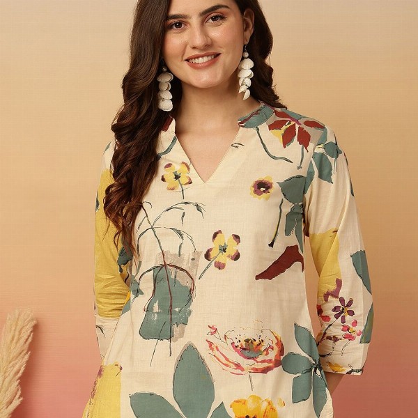 Anouk Rustic Floral Print Mandarin Collar Cotton Top