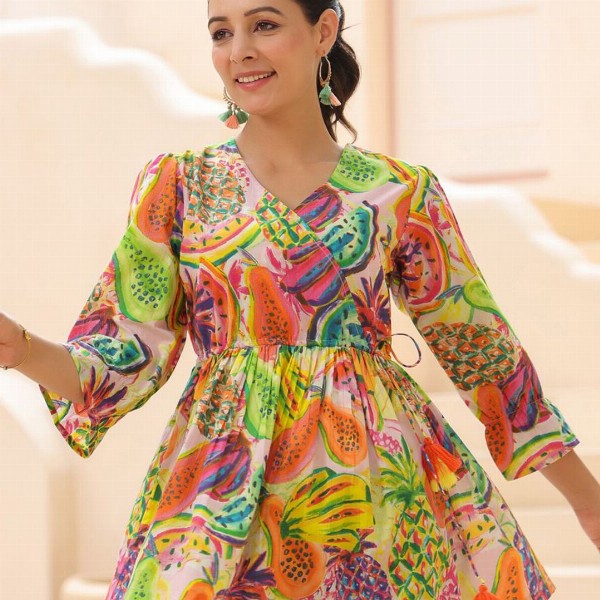 Rain & Rainbow Abstract Printed Cotton Wrap Top