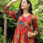 Rain & Rainbow Floral Printed Bell Sleeve Cotton Empire Top