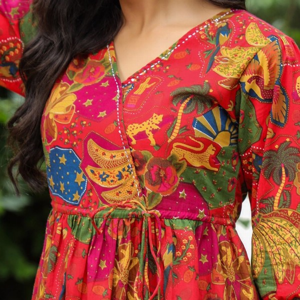 Rain & Rainbow Floral Printed Bell Sleeve Cotton Empire Top