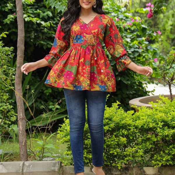 Rain & Rainbow Floral Printed Bell Sleeve Cotton Empire Top