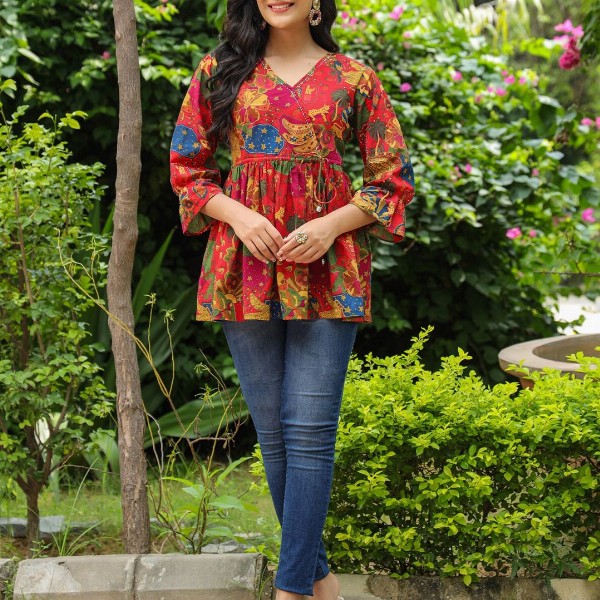 Rain & Rainbow Floral Printed Bell Sleeve Cotton Empire Top