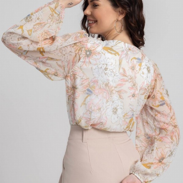JULO Floral Print Puff Sleeve Chiffon Blouson Top