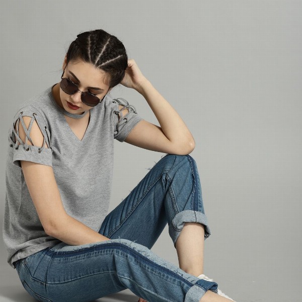 Roadster Time Travlr Women Grey Melange Solid Top