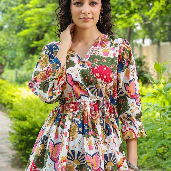 Rain & Rainbow Floral Printed Bell Sleeve Cotton Empire Top