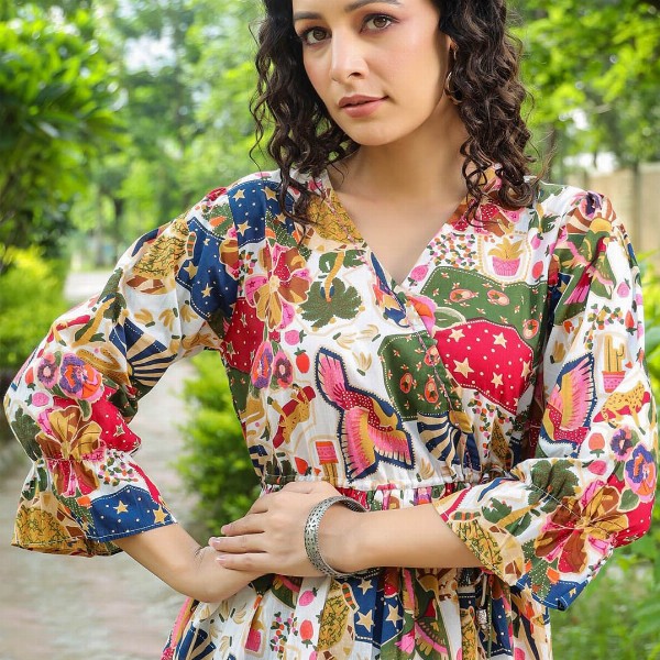 Rain & Rainbow Floral Printed Bell Sleeve Cotton Empire Top