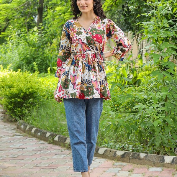 Rain & Rainbow Floral Printed Bell Sleeve Cotton Empire Top