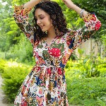 Rain & Rainbow Floral Printed Bell Sleeve Cotton Empire Top