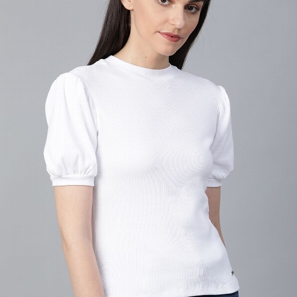 Roadster Women White Ribbed Pure Cotton Top