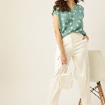 DressBerry Women Green & Off White Printed Boxy Top