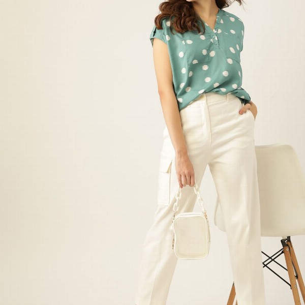 DressBerry Women Green & Off White Printed Boxy Top