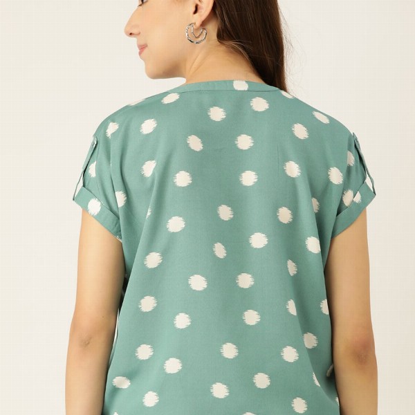 DressBerry Women Green & Off White Printed Boxy Top