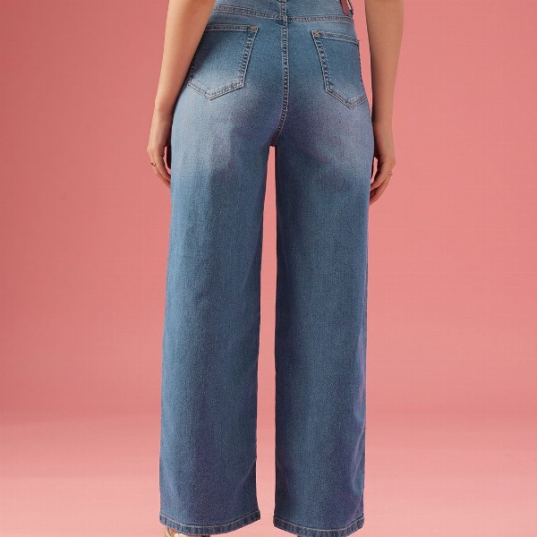 DressBerry Women Wide Leg High-Rise Light Fade Stretchable Jeans
