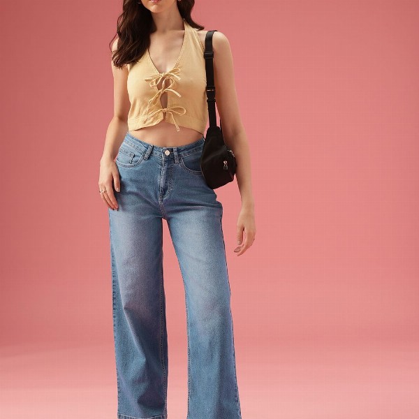 DressBerry Women Wide Leg High-Rise Light Fade Stretchable Jeans