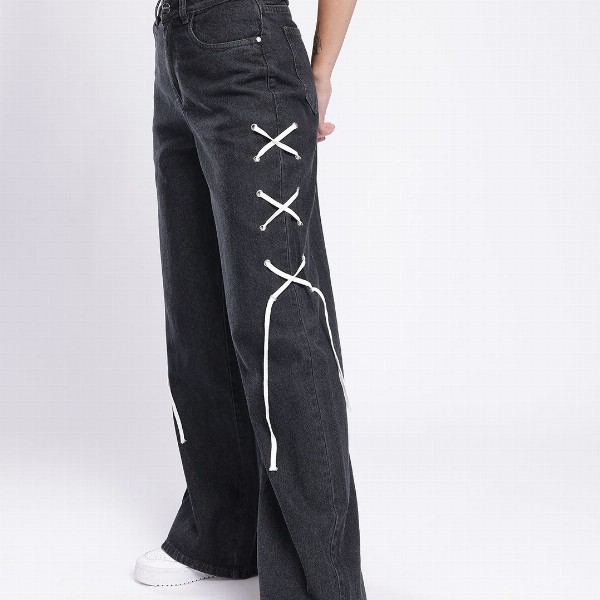 glitchez Women Baggy Wide Leg High-Rise Jeans With Fisheye Studs Tie Up