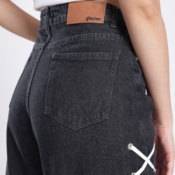 glitchez Women Baggy Wide Leg High-Rise Jeans With Fisheye Studs Tie Up