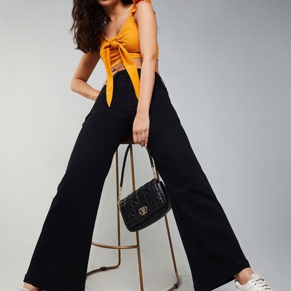 DOLCE CRUDO Wide Leg High Rise Clean Look Regular-Length Stretchable Denim Jeans