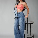 DOLCE CRUDO Women Wide Leg High-Rise Light Fade Stretchable Jeans