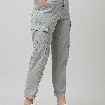 IVOC Women Grey Mid-Rise Cotton Cargos Trousers