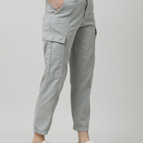 IVOC Women Grey Mid-Rise Cotton Cargos Trousers