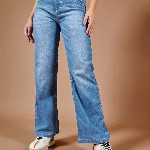 Dolce Crudo Women Light Weight Blue Wide Leg Light Fade Stretchable Jeans