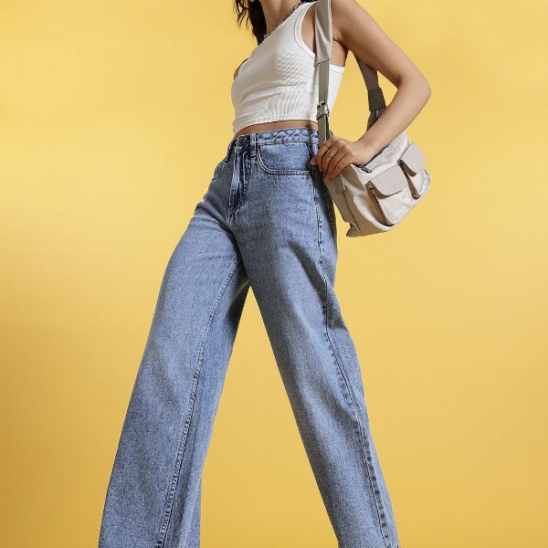 glitchez Women Retro Wide Leg Faded Jeans