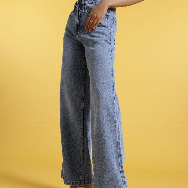 glitchez Women Retro Wide Leg Faded Jeans