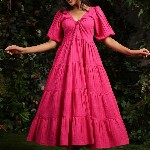 anayna Women Checked Cotton Fit & Flare Maxi Dresses