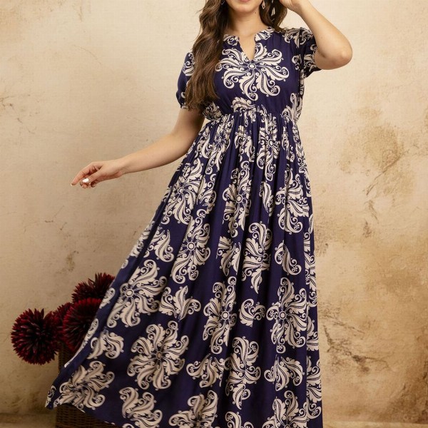 PURSHOTTAM WALA Floral Printed Mandarin Collar A-Line Maxi Dress