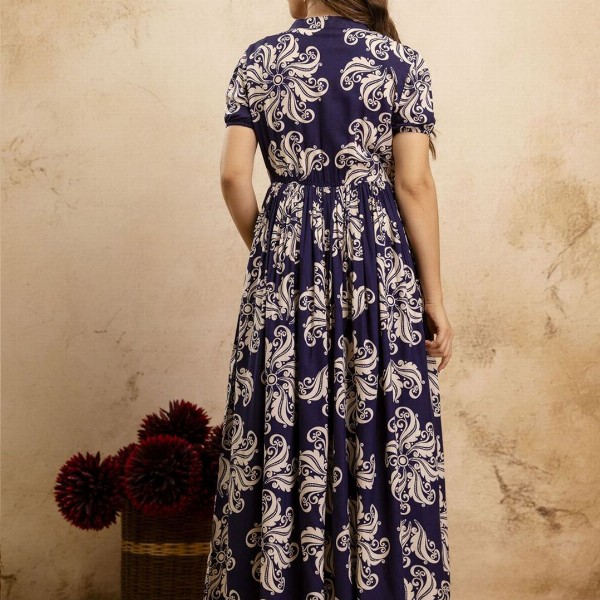 PURSHOTTAM WALA Floral Printed Mandarin Collar A-Line Maxi Dress