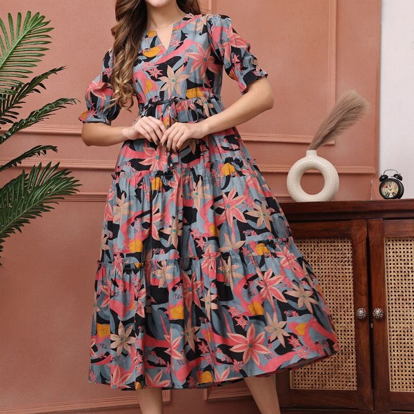 Claura Women Floral Printed Puff Sleeve Fit & Flare Midi Dress