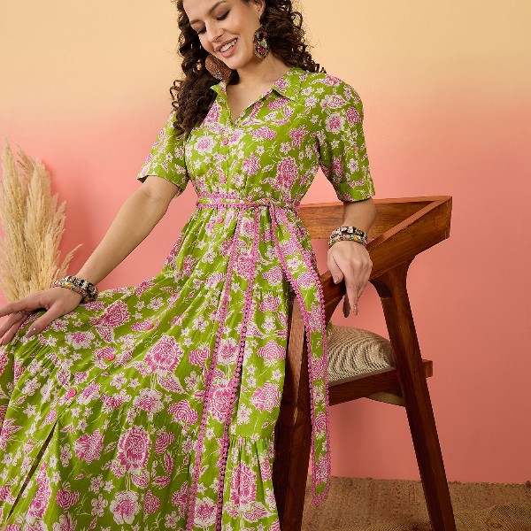 Sangria Floral Printed Pure Cotton Tiered Maxi Dress