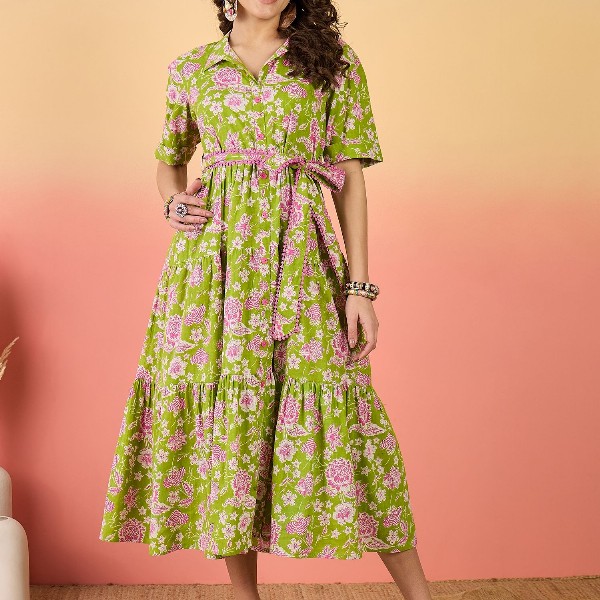 Sangria Floral Printed Pure Cotton Tiered Maxi Dress