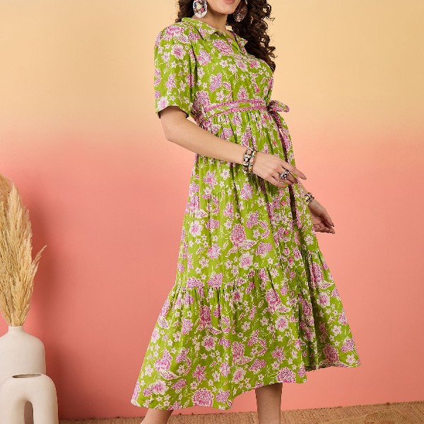 Sangria Floral Printed Pure Cotton Tiered Maxi Dress