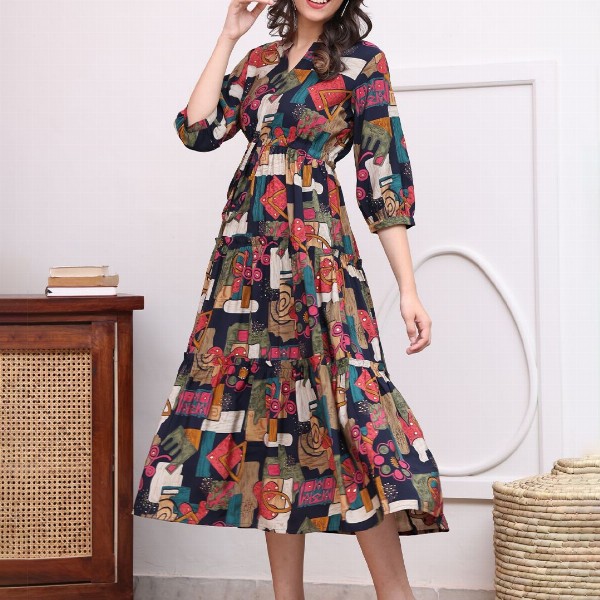 Claura Women Abstract Printed Mandarin Collar A-Line Dress