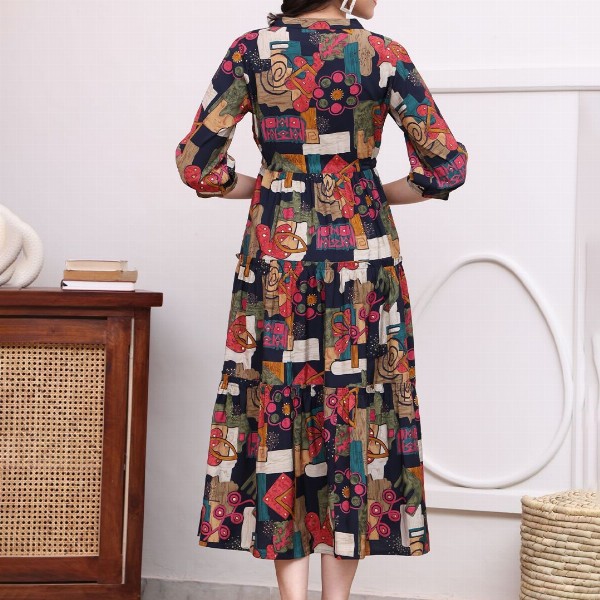 Claura Women Abstract Printed Mandarin Collar A-Line Dress