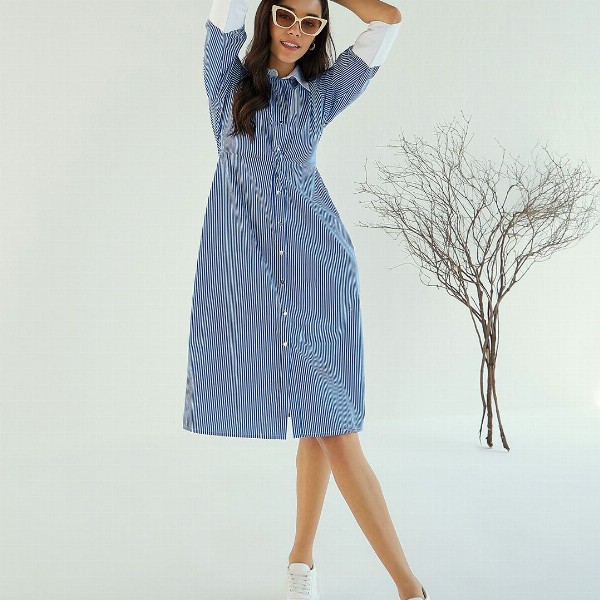 Pink Paprika by SASSAFRAS Striped A-Line Midi Cotton Dress