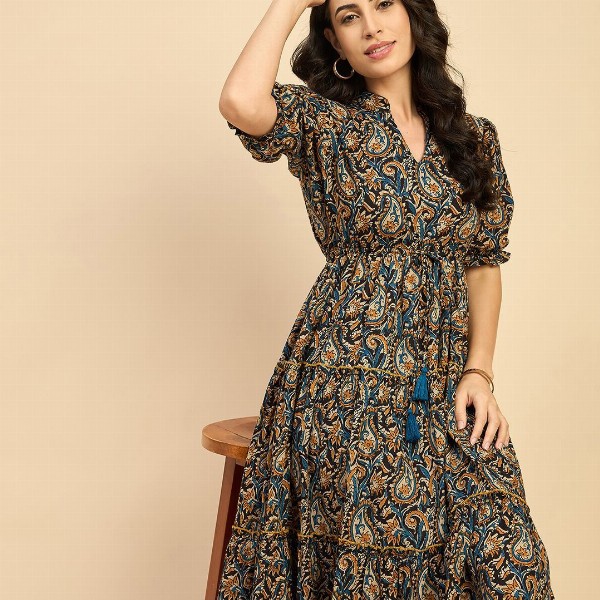 Azira Ethnic Motifs Printed Cotton Empire Midi Dress