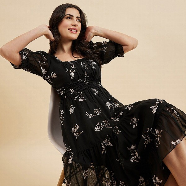 Azira Floral Print Square Neck Puff Sleeve Georgette Fit & Flare Midi Tiered Dress