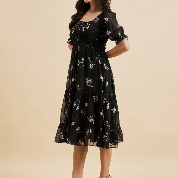 Azira Floral Print Square Neck Puff Sleeve Georgette Fit & Flare Midi Tiered Dress
