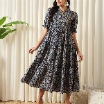 KALINI Floral Printed Mandarin Collar Puff Sleeves Cotton Fit and Flare Dress