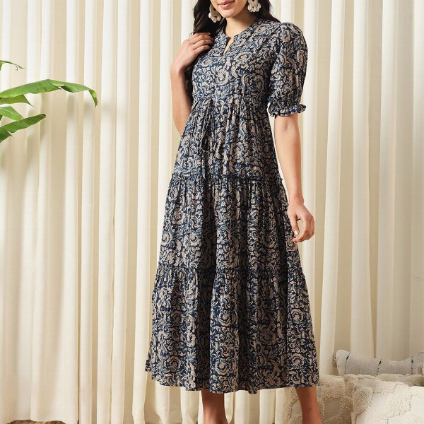 KALINI Floral Printed Mandarin Collar Puff Sleeves Cotton Fit and Flare Dress