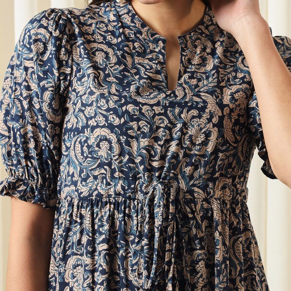 KALINI Floral Printed Mandarin Collar Puff Sleeves Cotton Fit and Flare Dress