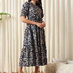 KALINI Floral Printed Mandarin Collar Puff Sleeves Cotton Fit and Flare Dress