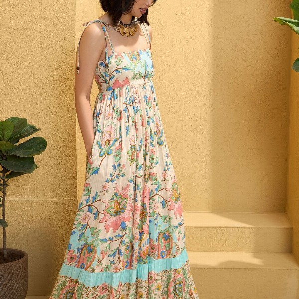 Pink Paprika by SASSAFRAS Floral Print Tie-Up Neck Fit & Flare Maxi Dress