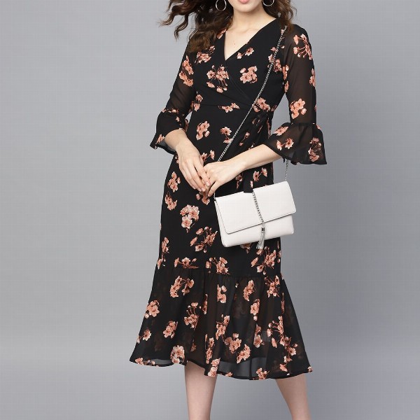 SASSAFRAS Black & Pink Floral Printed Wrap Dress