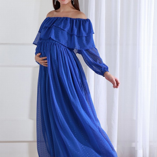 Shades of Sabi Women Off-Shoulder Puff Sleeve Ruffled Maternity Empire Dress