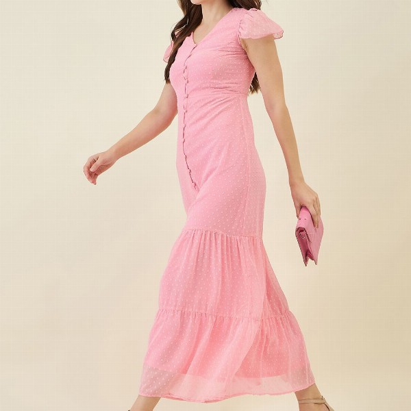 aayu Georgette Self Design A-Line Maxi Tiered Dress